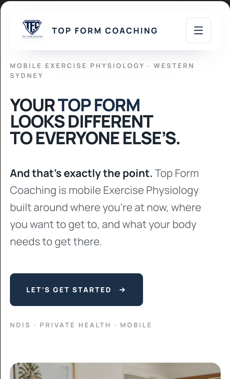 Top Form Coaching website on mobile