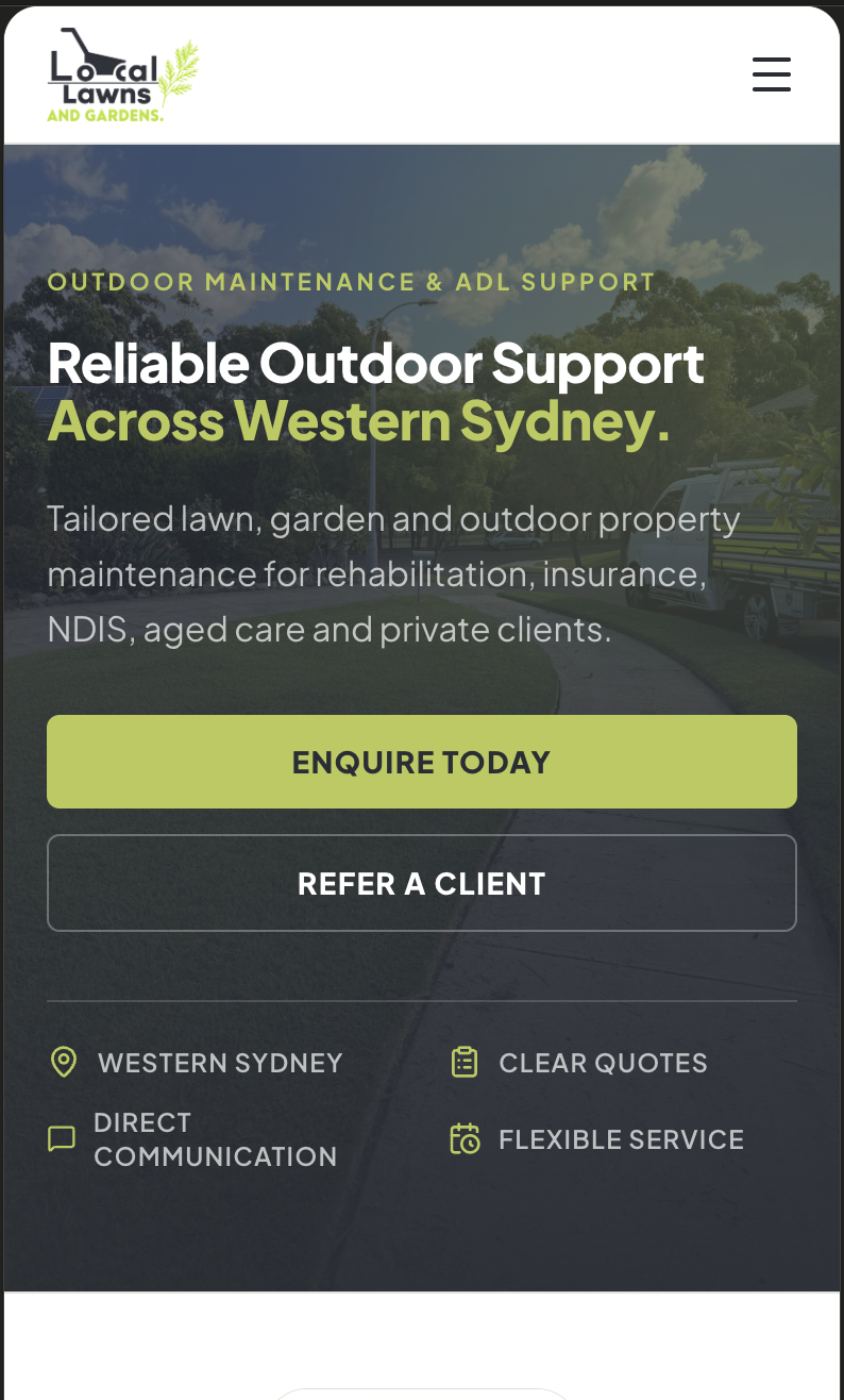 Local Lawns & Gardens website on mobile